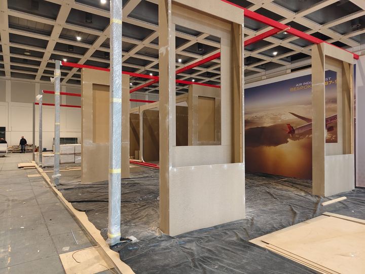 Stand under construction in the exhibition hall