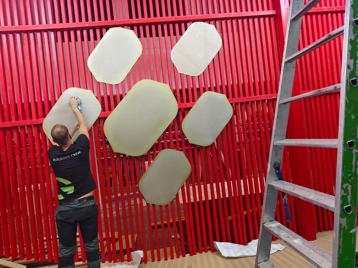 Stand under construction in the exhibition hall